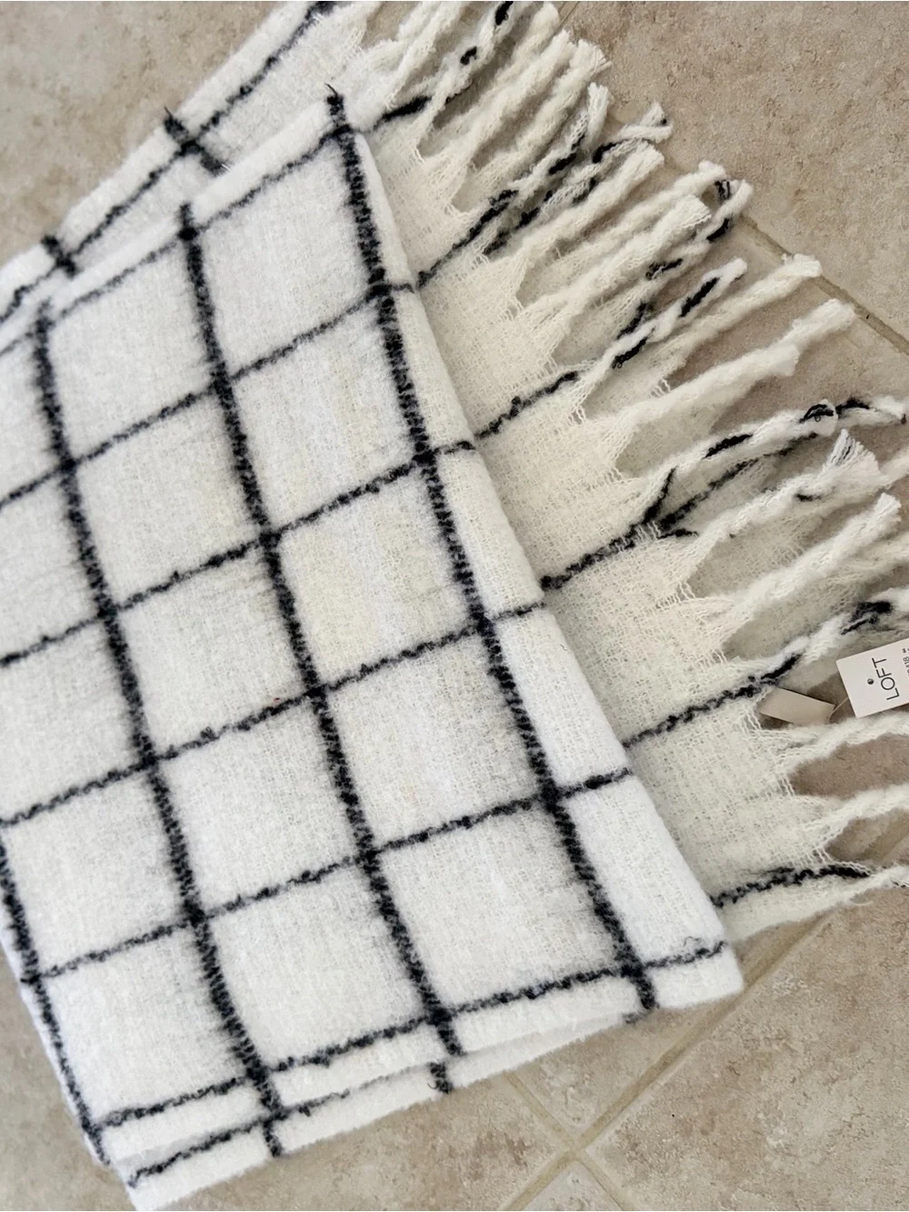 LOFT White with Black Windowpane Fringe Blanket Scarf